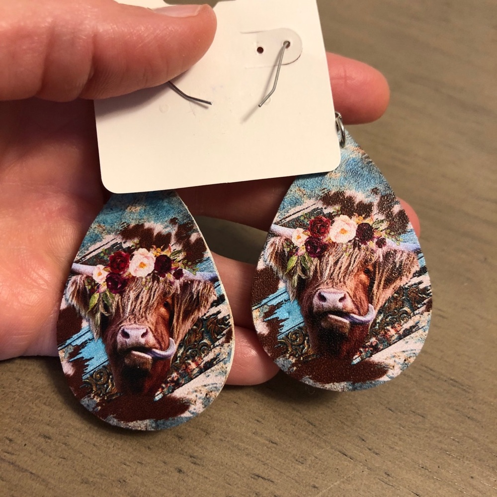 Floral Cow Print Bohemian Teardrop Fashion Jewelry Earrings - Picture 10 of 10
